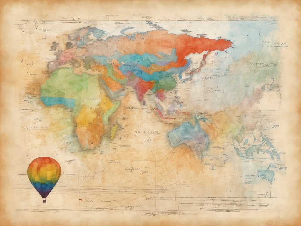 Auf dem Bild ist eine farbenfrohe Weltkarte im wasserfarbenstil zu sehen, die verschiedene Länder und Kontinente darstellt. In der unteren linken Ecke befindet sich ein bunter Heißluftballon. 

Wenn du auf der Suche nach deinem nächsten Urlaubsziel bist, könnte der Zufallsgenerator "Wohin soll ich reisen? - Zufallsgenerator für Deinen nächsten Urlaub!" dir interessante und unerwartete Reiseziele vorschlagen. Viel Spaß beim Entdecken!