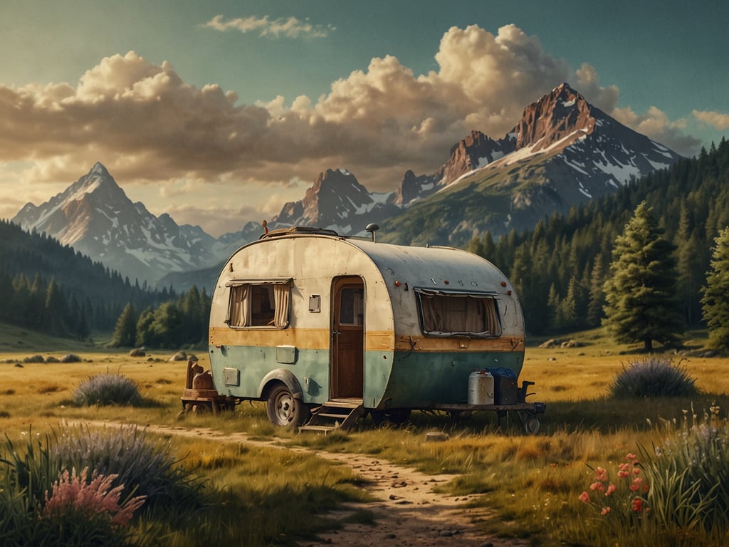 Auf dem Bild ist ein Wohnwagen zu sehen, der in einer malerischen Landschaft mit Bergen im Hintergrund steht. Der Wohnwagen ist altmodisch und hat eine zweifarbige Lackierung. Die Umgebung besteht aus weitläufigen Wiesen mit einigen Bäumen und Blumen, die eine ruhige und idyllische Atmosphäre schaffen.