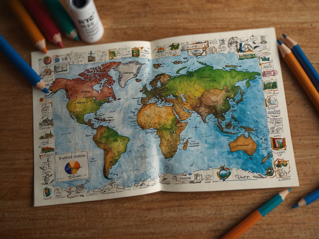 Auf dem Bild ist eine handgezeichnete Weltkarte zu sehen, die farbenfroh gestaltet ist. Sie zeigt verschiedene Länder und Kontinente, umgeben von bunten Buntstiften und anderen Zeichenmaterialien. Diese Art von Karte könnte im Kontext der WTTC-Inititative 