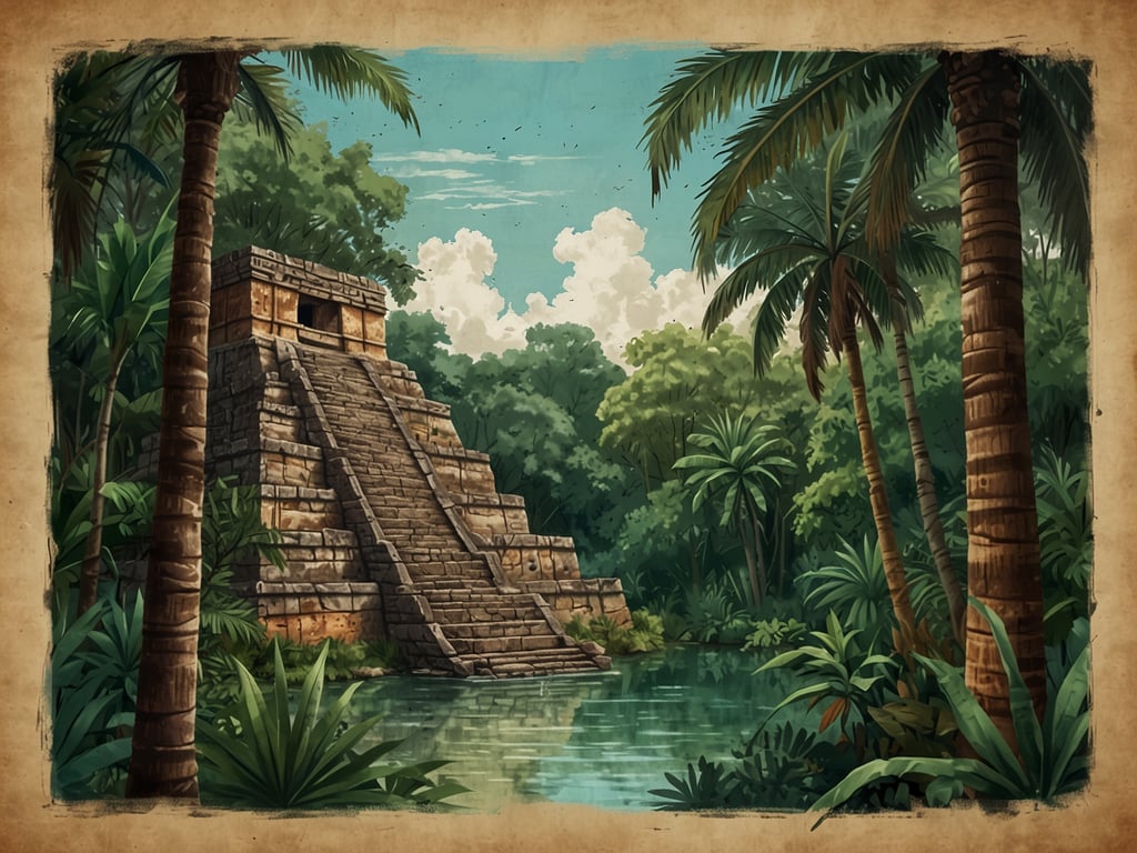 Auf dem Bild ist eine beeindruckende Ruine zu sehen, die an die archäologischen Stätten von Yaxhá erinnert. Umgeben von üppigem, grünem Dschungel und Palmen, strahlt die Szenerie eine natürliche Schönheit aus. Der Tempel, mit seinen steilen Stufen und der kunstvollen Bauweise, steht majestätisch und spiegelt die Geschichte und Kultur der Maya wider. Ein friedlicher Wasserlauf verleiht der Landschaft zusätzlich zu ihrer Pracht eine ruhige Atmosphäre. Die Wolken am Himmel und das lebendige Grün der Pflanzen schaffen ein harmonisches Gesamtbild, das die Faszination und Anziehungskraft dieser alten Stätte betont.
