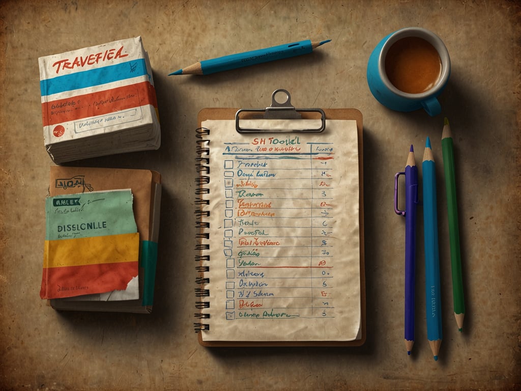 Auf dem Bild ist eine aufgeklappte Notizbuchseite mit einer Liste von Aufgaben oder Orten zu sehen, die abgehakt wurden. Dazu gibt es ein paar Stifte, ein kleines Paket mit dem Aufdruck 