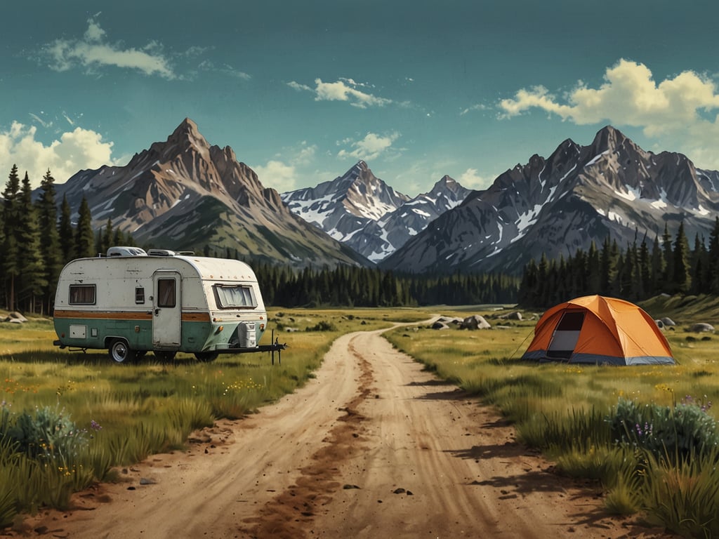 Auf dem Bild ist eine wunderschöne Landschaft mit hohen Bergen im Hintergrund zu sehen. Im Vordergrund befindet sich ein Zelt in leuchtendem Orange. Neben dem Zelt steht ein Wohnwagen, und es gibt einen Sandweg, der durch die Wiese führt. Die Umgebung ist grün und üppig, was auf eine idyllische Campingstelle hinweist.