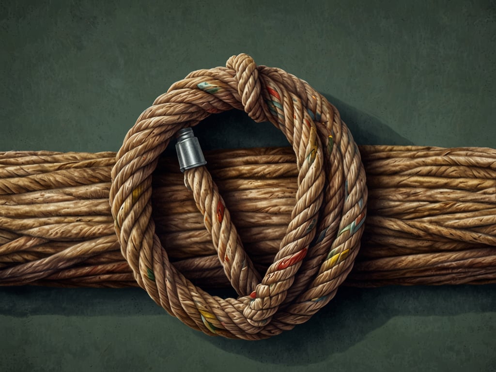 Auf dem Bild ist eine Zelt-schnur zu sehen, die in einer angeordneten Form dargestellt ist. Es handelt sich um ein dickes, geflochtenes Seil, das ordentlich gewickelt und an mehreren Stellen farbig markiert ist. Der Hintergrund ist einfach gehalten, was den Fokus auf die Schnur lenkt.