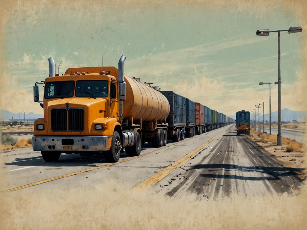 Auf dem Bild ist eine Straße zu sehen, auf der ein orangefarbener LKW mit einem Zementtank fährt. Neben der Straße verläuft eine Zuglinie, an der ein Güterzug mit farbigen Containern steht. Die Umgebung wirkt trocken und wüstenhaft, mit einigen Strommasten im Hintergrund. Die Szene vermittelt ein Gefühl von Transport und Logistik, was auch mit dem Begriff der Zollabfertigung verbunden sein könnte, da sowohl LKWs als auch Züge häufig Güter über Grenzen transportieren, die möglicherweise einer Zollkontrolle unterliegen.