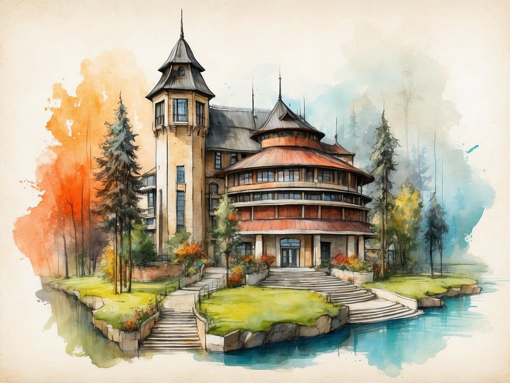 Auf dem Bild ist ein prachtvolles Gebäude zu sehen, das von einer schönen Landschaft mit Bäumen und Wasser umgeben ist. Es erinnert an eine Mischung aus historischem und modernem Architekturdesign. Die Farben sind lebhaft und verleihen dem Bild eine malerische Atmosphäre.

In der Geschichte von Zoomarine spielt derartige Architektur eine Rolle, da der Freizeitpark bekannt ist für seine verschiedenen Attraktionen und einladenden Umgebungen, die Besucher in eine wunderschöne, naturverbundene Welt eintauchen lassen. Zoomarine kombiniert Kunst, Natur und Bildung, um Gästen eine unvergessliche Erfahrung zu bieten, ähnlich dem eindrucksvollen Gebäude auf dem Bild.