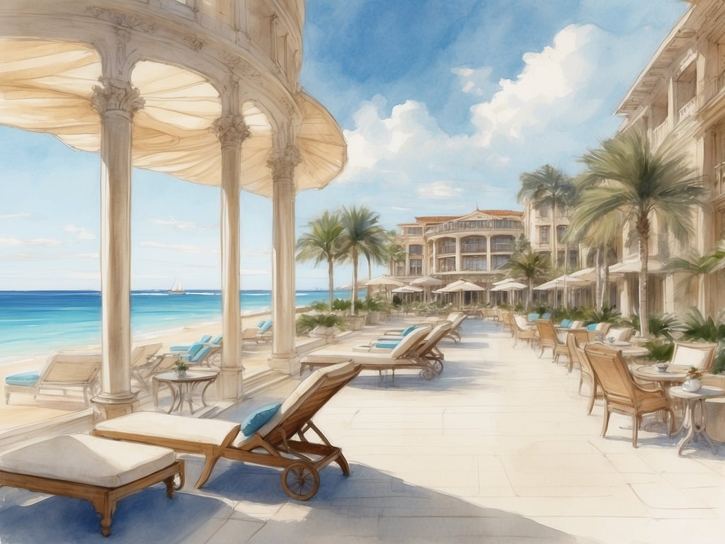 Auf dem Bild ist eine malerische Aussicht auf einen Strandbereich eines Hotels zu sehen. Es gibt Liegen und Sonnenschirme, sowie Palmen, die eine entspannte Atmosphäre schaffen. Der Blick reicht über das Meer mit einem Segelboot in der Ferne. 

Zu welcher Hotelkette gehören bestimmte Hotels? Für diese Art von Resort könnte es sich um Hotels von Ketten wie Marriott, Hilton oder Four Seasons handeln, da viele von ihnen luxuriöse Stranddestinationen anbieten.