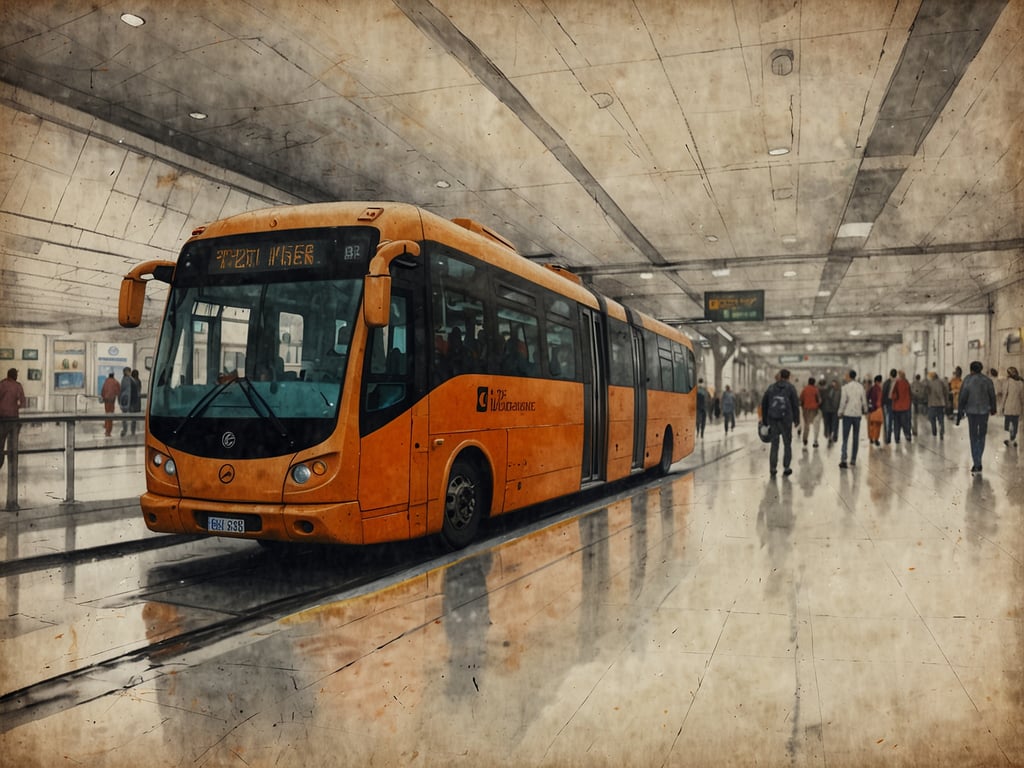 Auf dem Bild ist ein orangener Bus zu sehen, der in einer großen, hellen Halle steht. Die Umgebung wirkt modern und ist wahrscheinlich ein öffentlicher Verkehrsknotenpunkt. Es gibt viele Menschen, die in der Halle umhergehen. Der Bus hat eine Anzeige, die eine Haltestelle anzeigt, und es scheint, als ob die Fläche poliert und reflektierend ist. Die Wände der Halle sind hell, und es gibt verschiedene Schilder und Informationen im Hintergrund.